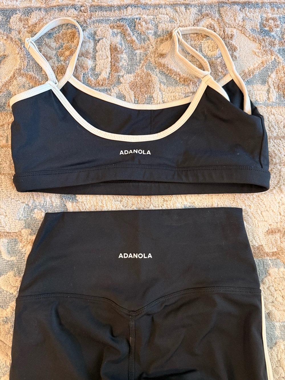 Adanola Black Sports Bra and Leggings Set with Cream Trim XS